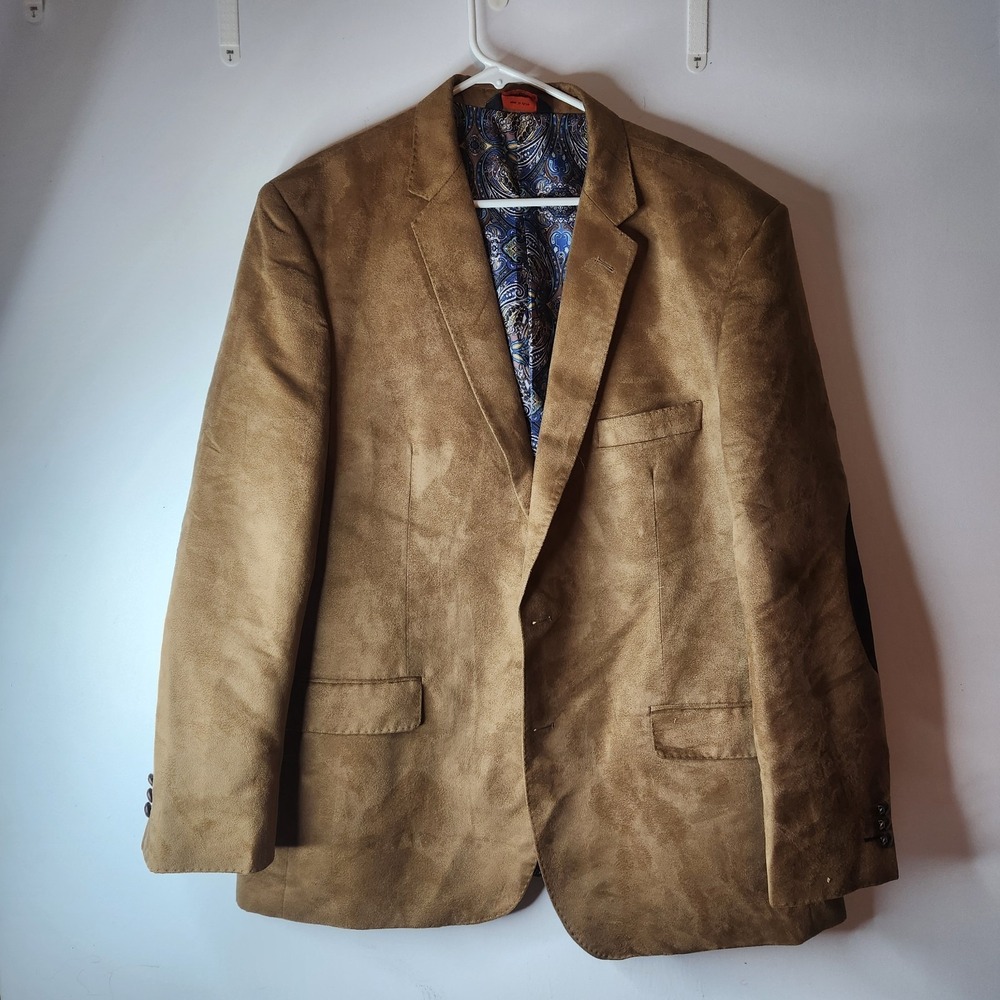 Linea Uomo Mens 46R Tan Brown Micro Suede Blazer Elbow Patches Paisley Lining